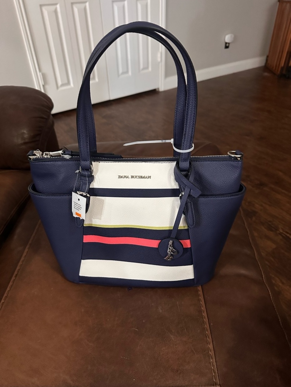 Dana Buchman Blue Striped Faux Leather Shoulder Bag Purse NWT